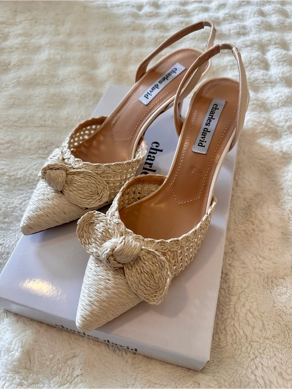 Charles David Natural Raffia Bow Slingback Pumps